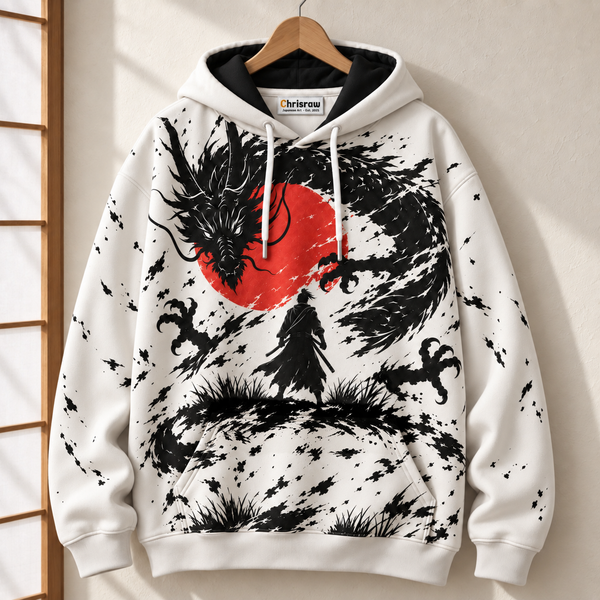 Chrisraw Hinomaru Hoodie — Ink Dragon Red Sun Samurai Print