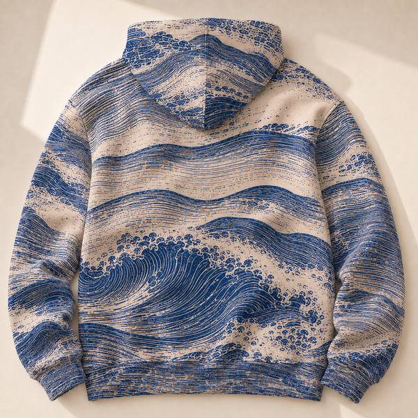 Chrisraw Aonami Hoodie — Indigo Linocut Wave Print