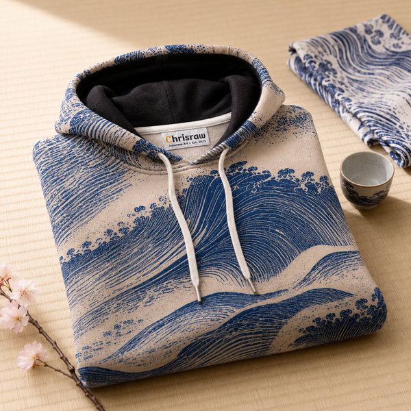 Chrisraw Aonami Hoodie — Indigo Linocut Wave Print