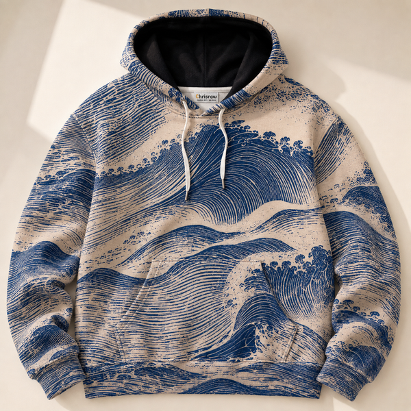 Chrisraw Aonami Hoodie — Indigo Linocut Wave Print