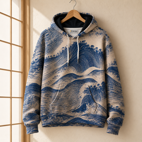 Chrisraw Aonami Hoodie — Indigo Linocut Wave Print