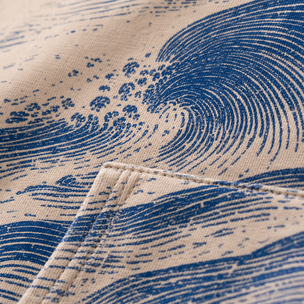 Chrisraw Aonami Hoodie — Indigo Linocut Wave Print