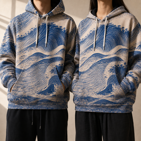 Chrisraw Aonami Hoodie — Indigo Linocut Wave Print
