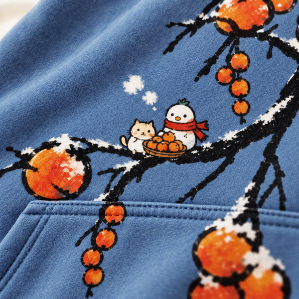 Chrisraw Fuyugaki Hoodie — Snow Persimmon Branch Bird and Cat Print