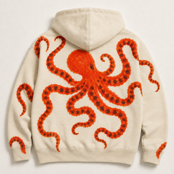 Chrisraw Beni Odako Hoodie — Crimson Octopus Hand-Painted Print