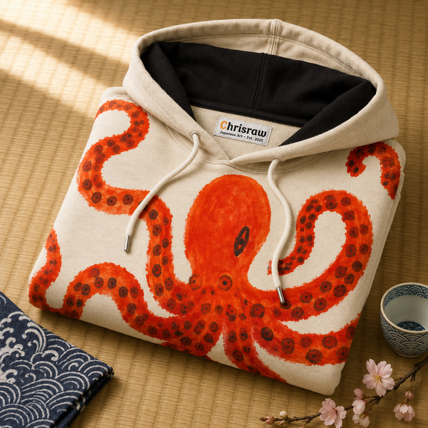 Chrisraw Beni Odako Hoodie — Crimson Octopus Hand-Painted Print