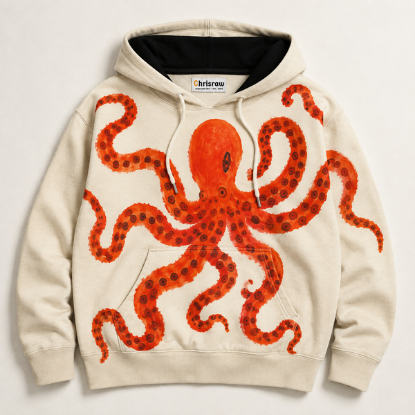Chrisraw Beni Odako Hoodie — Crimson Octopus Hand-Painted Print