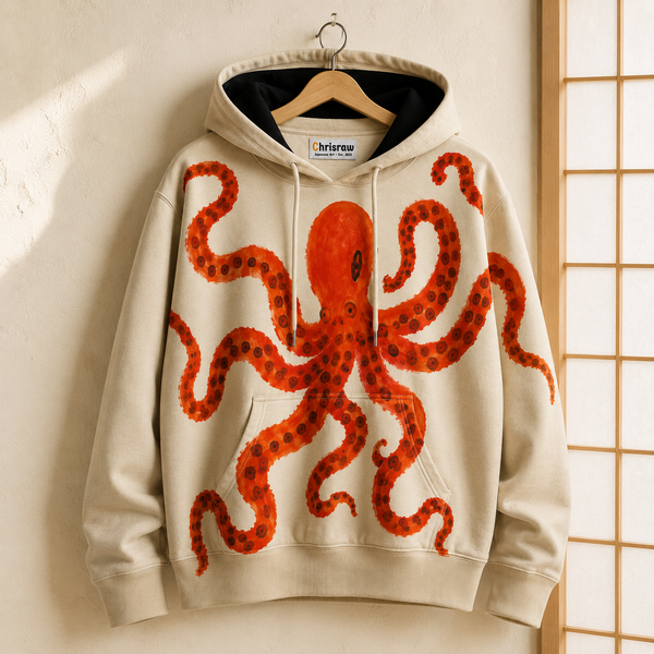 Chrisraw Beni Odako Hoodie — Crimson Octopus Hand-Painted Print