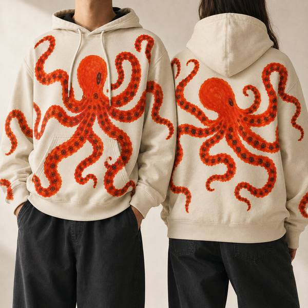 Chrisraw Beni Odako Hoodie — Crimson Octopus Hand-Painted Print