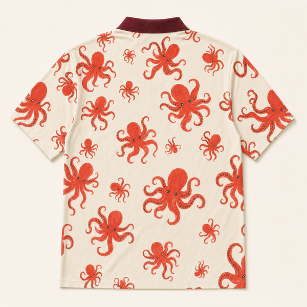 Chrisraw Beni Tako Polo Shirt — Red Octopus Gouache Print