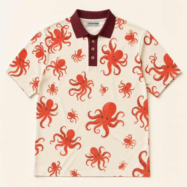 Chrisraw Beni Tako Polo Shirt — Red Octopus Gouache Print