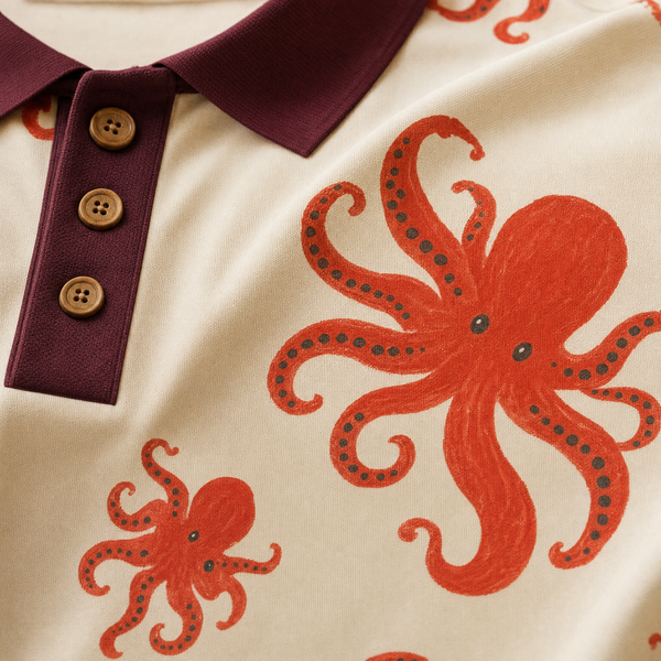 Chrisraw Beni Tako Polo Shirt — Red Octopus Gouache Print