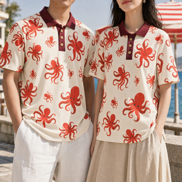 Chrisraw Beni Tako Polo Shirt — Red Octopus Gouache Print