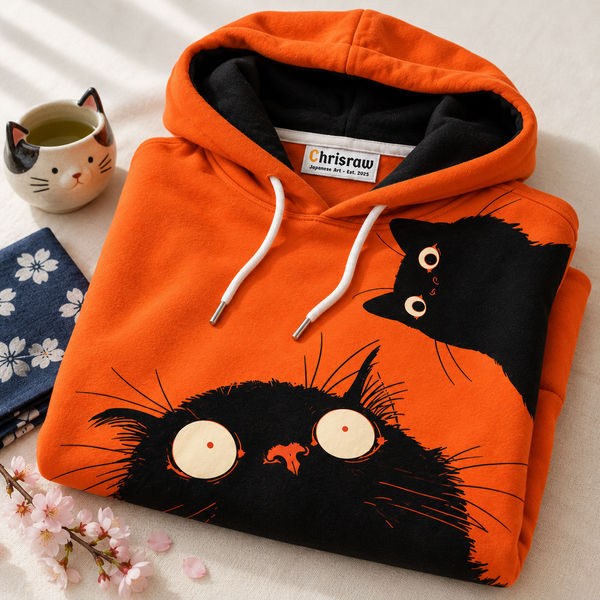 Chrisraw Bikkuri Neko Hoodie — Startled Black Cats Print