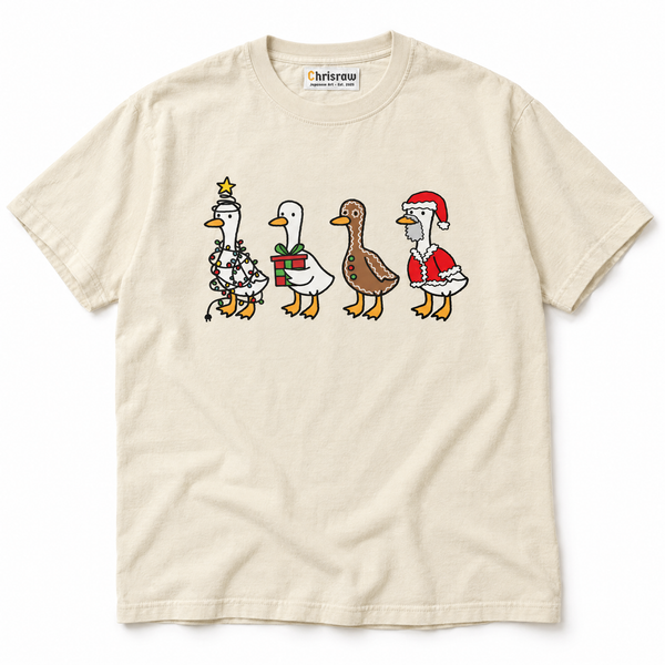 Chrisraw Ahiru Kurisumasu ivory T-shirt — four christmas geese print