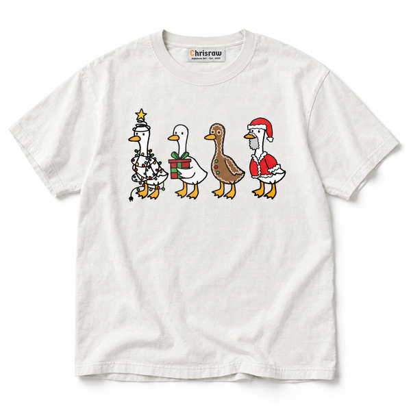 Chrisraw Ahiru Kurisumasu white T-shirt — four christmas geese print