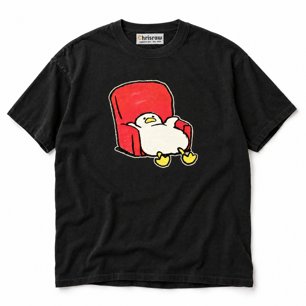 Chrisraw Ahiru Kutsurogi black T-shirt — duck in red armchair print