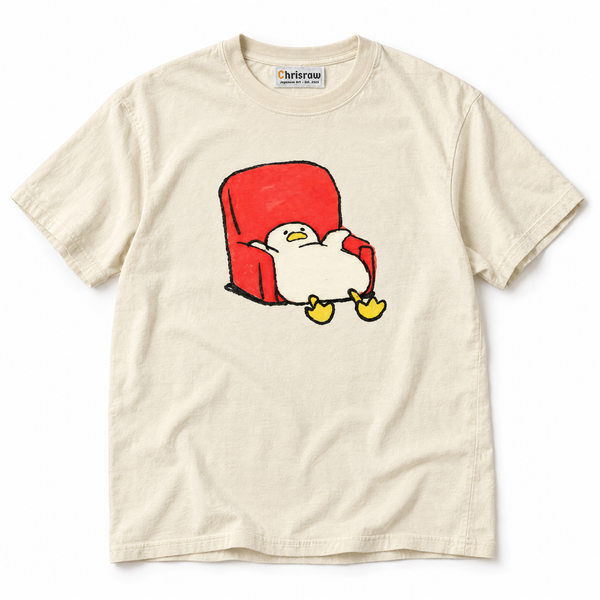 Chrisraw Ahiru Kutsurogi ivory T-shirt — duck in red armchair print