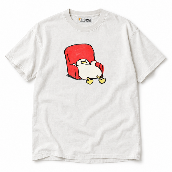 Chrisraw Ahiru Kutsurogi white T-shirt — duck in red armchair print