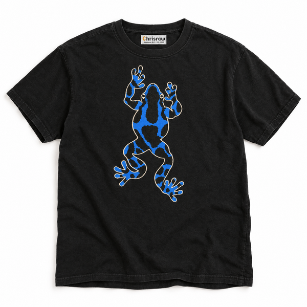 Chrisraw Aogaeru black T-shirt — blue poison frog gouache print