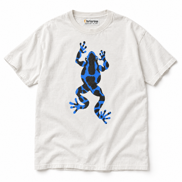 Chrisraw Aogaeru white T-shirt — blue poison frog gouache print
