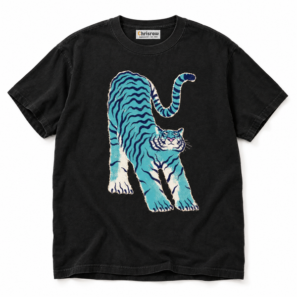 Chrisraw Aotora black T-shirt — blue tiger risograph print