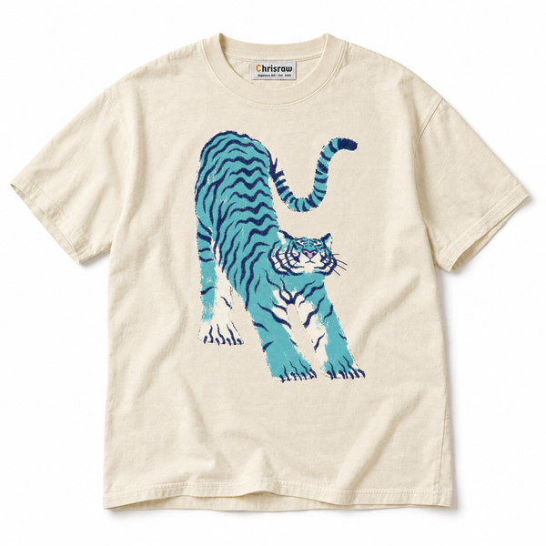 Chrisraw Aotora ivory T-shirt — blue tiger risograph print