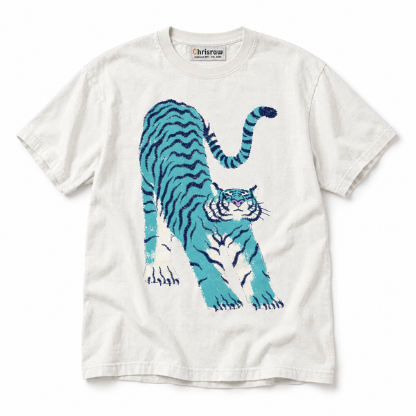 Chrisraw Aotora white T-shirt — blue tiger risograph print