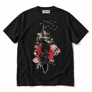 Chrisraw Bushi black T-shirt — samurai red sun pagoda print
