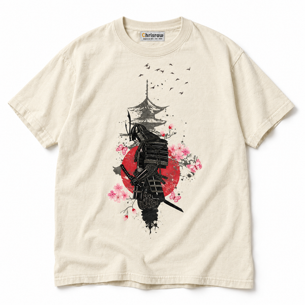 Chrisraw Bushi ivory T-shirt — samurai red sun pagoda print