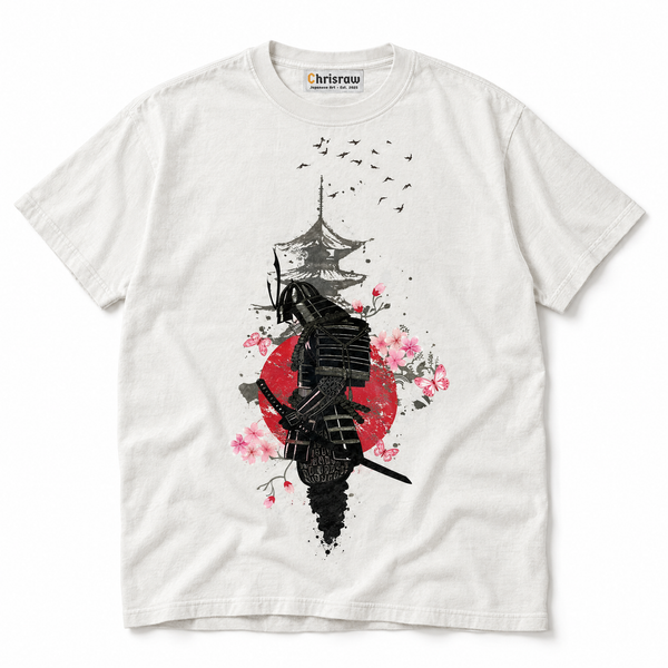 Chrisraw Bushi white T-shirt — samurai red sun pagoda print
