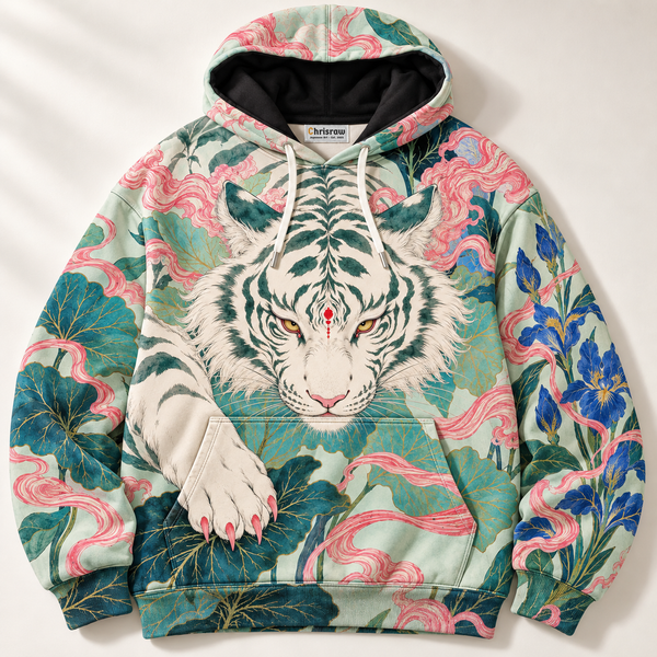 Chrisraw white tiger nihonga hoodie — front flat lay