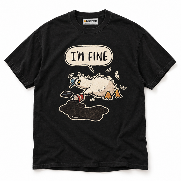 Chrisraw Daijobu Ahiru black T-shirt — I'm fine crashed duck print