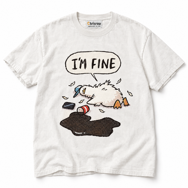 Chrisraw Daijobu Ahiru white T-shirt — I'm fine crashed duck print