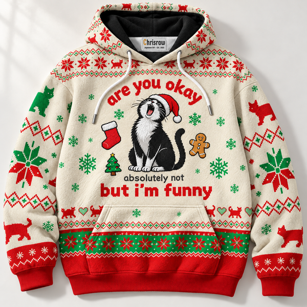 Chrisraw Christmas cat ugly sweater hoodie — front flat lay