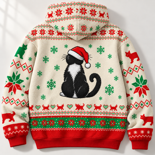 Chrisraw Christmas cat ugly sweater hoodie — back flat lay