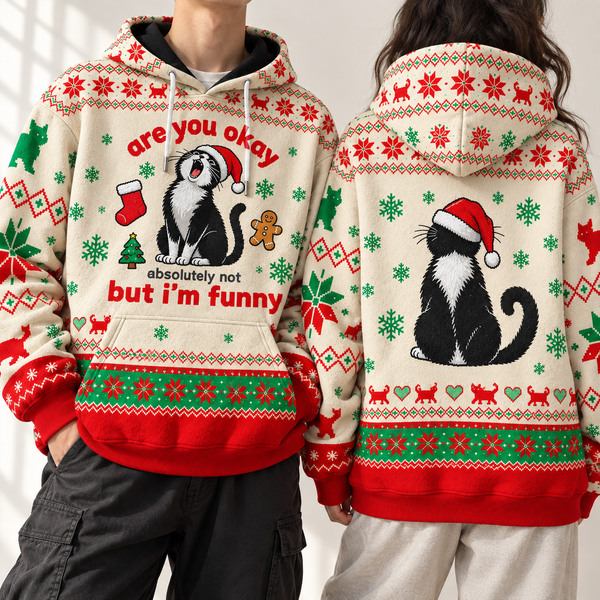 Chrisraw Christmas cat ugly sweater hoodie — on model