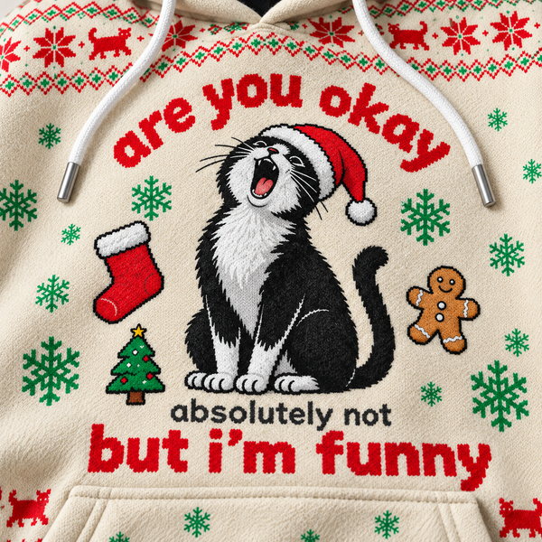Chrisraw Christmas cat ugly sweater hoodie — print close-up