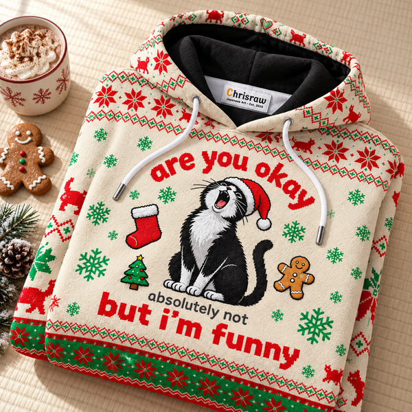 Chrisraw Christmas cat ugly sweater hoodie — folded