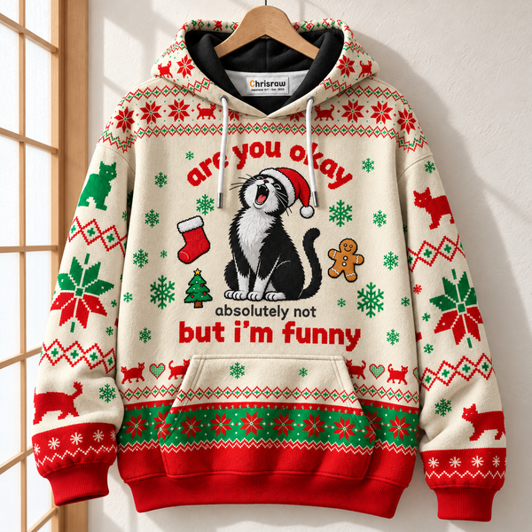 Chrisraw Christmas cat ugly sweater hoodie — hanging