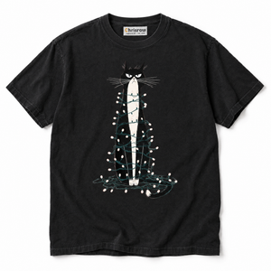 Chrisraw Denkyu Neko black T-shirt — grumpy cat in fairy lights print