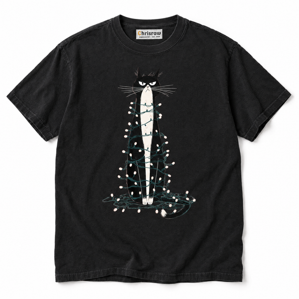 Chrisraw Denkyu Neko black T-shirt — grumpy cat in fairy lights print