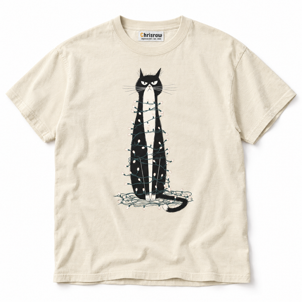 Chrisraw Denkyu Neko ivory T-shirt — grumpy cat in fairy lights print