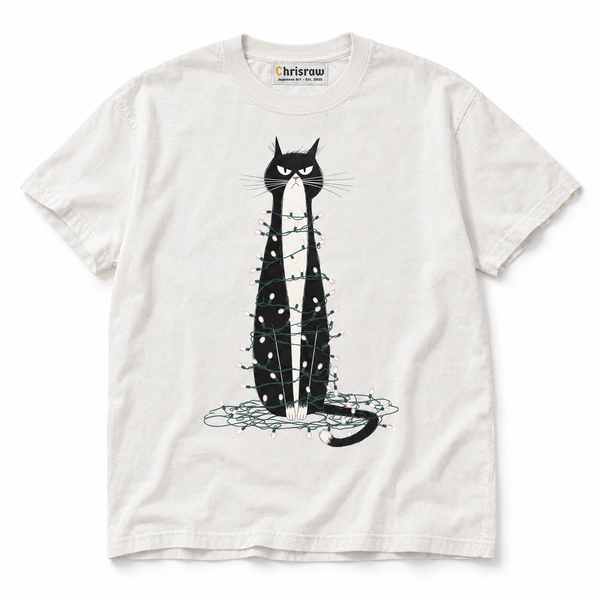 Chrisraw Denkyu Neko white T-shirt — grumpy cat in fairy lights print