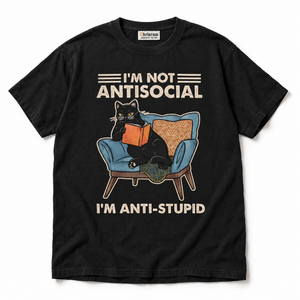 Chrisraw Dokusho Neko black T-shirt — I'm not antisocial cat reading print