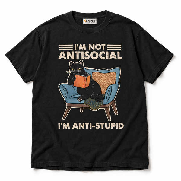 Chrisraw Dokusho Neko black T-shirt — I'm not antisocial cat reading print
