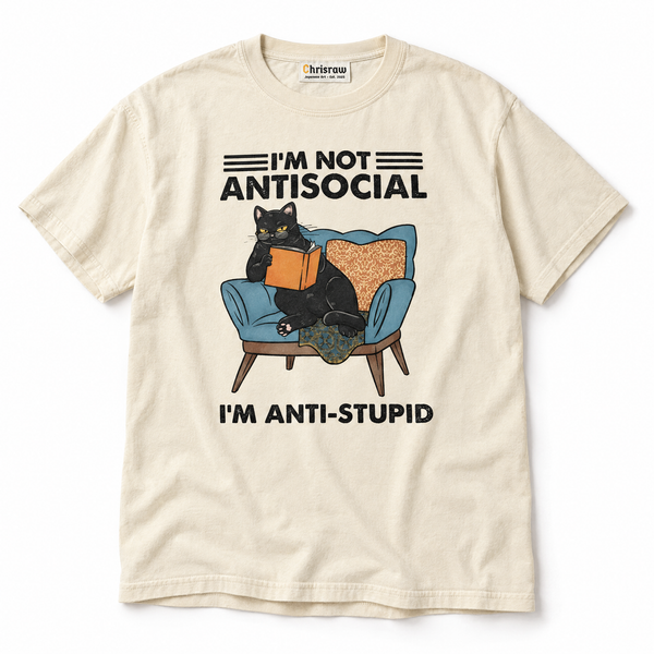 Chrisraw Dokusho Neko ivory T-shirt — I'm not antisocial cat reading print