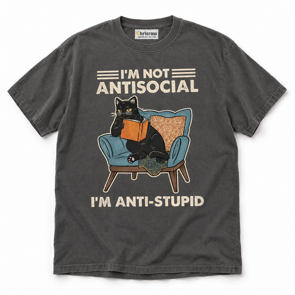 Chrisraw Dokusho Neko pepper T-shirt — I'm not antisocial cat reading print