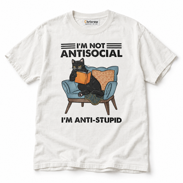 Chrisraw Dokusho Neko white T-shirt — I'm not antisocial cat reading print