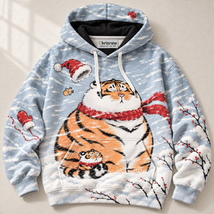 Chrisraw Round tiger in a Christmas blizzard hoodie — front flat lay
